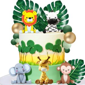 xlengo 20 pcs jungle safari animal cake topper with lion giraffe monkey elephant zebra colourful balls leaves cake decoration for baby shower safari birthday party supplies