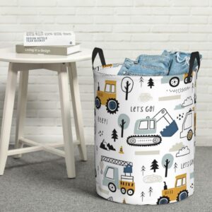 Lets Go Construction Vehicle Excavator Tractors Laundry Hamper with Durable Handle Waterproof Collapsible Laundry Basket Circular Dirty Clothes Storage Basket for Bathroom Bedroom College Dorm