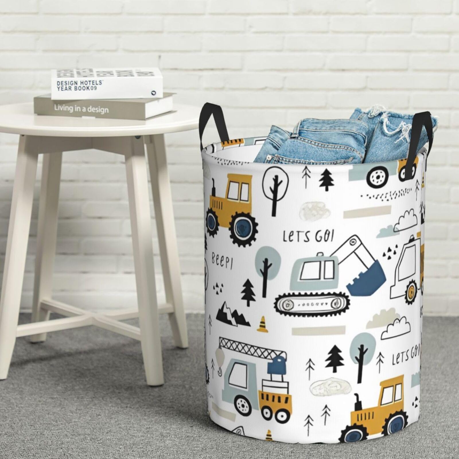 Lets Go Construction Vehicle Excavator Tractors Laundry Hamper with Durable Handle Waterproof Collapsible Laundry Basket Circular Dirty Clothes Storage Basket for Bathroom Bedroom College Dorm