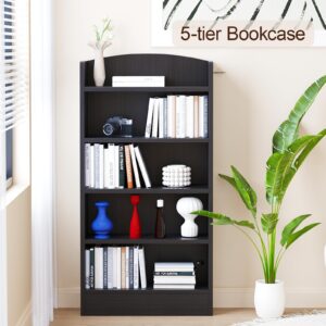 LERIJN 5 Tier Bookshelf for Bedroom, 47"" Wood Tall Bookcases and Bookshelves. Floor Standing Book Shelf Display Storage Shelves for Bedroom Library Living Room Home Office, Black