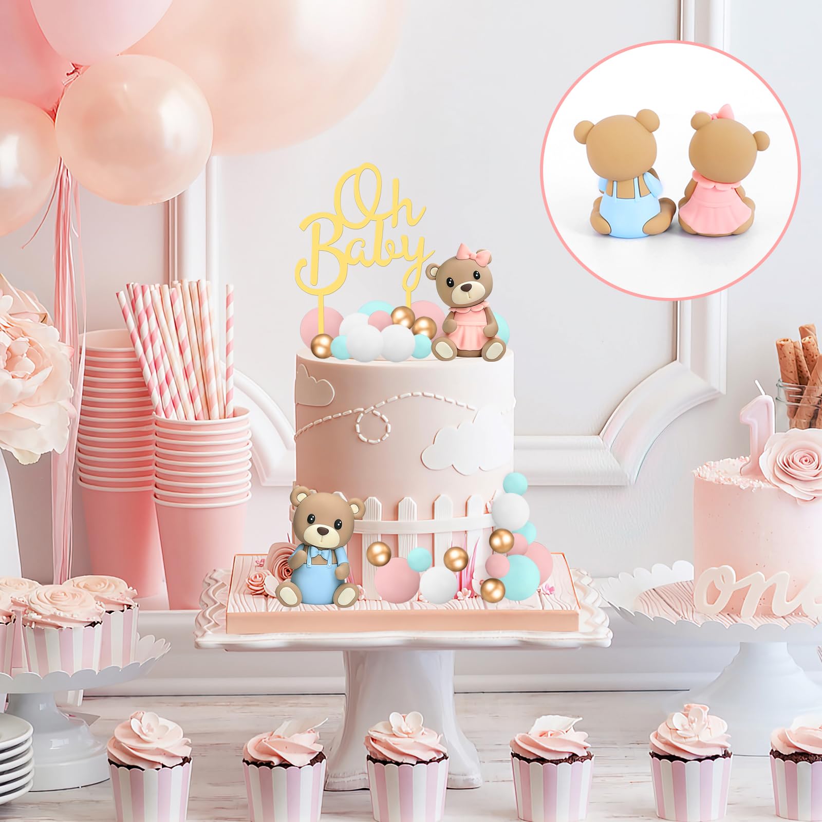 33 PCS Bear Cake Toppers, Gender Reveal Cake Toppers Cake Decorations with Bear Figurines and Balls for Boys Girls Baby Shower Bear Theme Party Supplies Gender Reveal