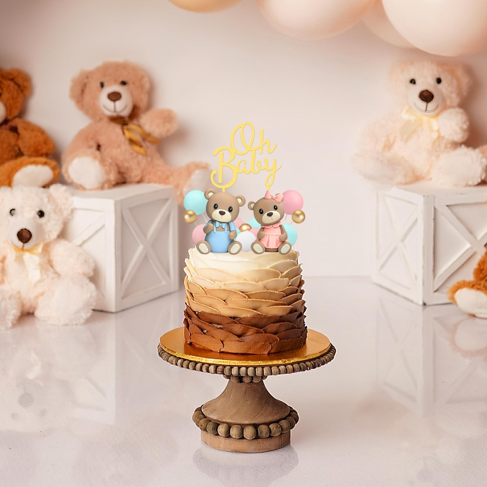 33 PCS Bear Cake Toppers, Gender Reveal Cake Toppers Cake Decorations with Bear Figurines and Balls for Boys Girls Baby Shower Bear Theme Party Supplies Gender Reveal