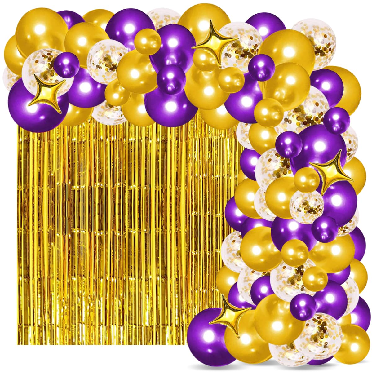 Purple Gold Balloon Garland Arch, 124PCS Purple and Gold Balloons Gold Star Balloons Purple Tinsel Foil Fringe Curtain for Purple Birthday Wedding Anniversary Graduation Party Decorations Purple Gold