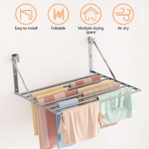 Bigzzia Wall Mounted Clothes Drying Rack, 24Inch Foldable Stainless Steel Drying Rack Clothing, 50 LB Capacity, Space Saver Laundry Rack with 8 Hanging Rods -Silver