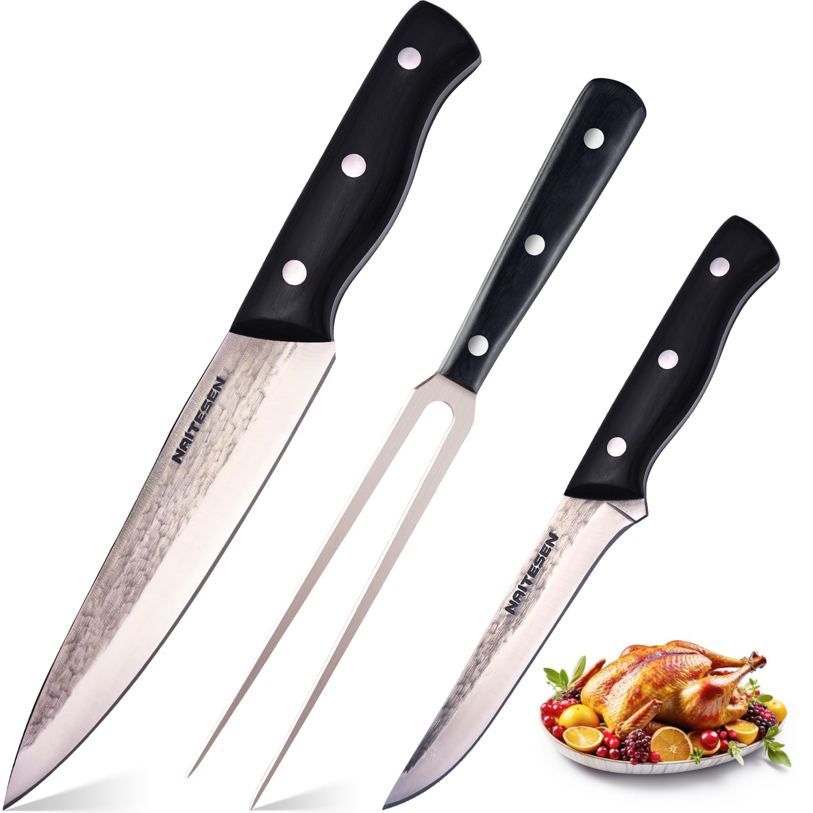 Naitesen 3PCS Kitchen Chef Knife Set Very Sharp Hand Forged Chef Knife Boning Knife Fork Set for Meat CuttingHigh Carbon Steel Kitchen knives with for BBQ, Turkey, Ham, Meat, Brisket