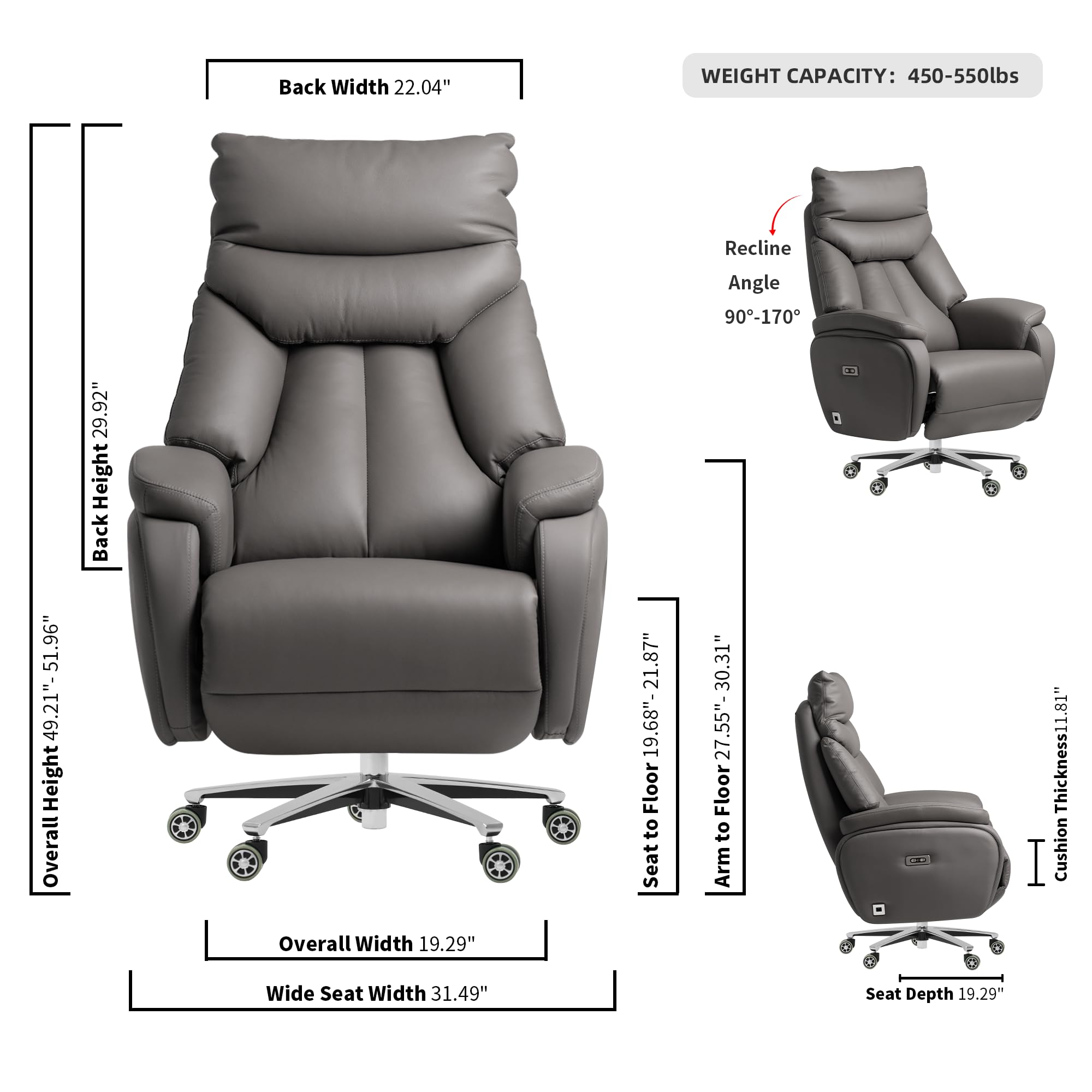 Kinnls Coast Power Office Recliner Chair,Big and Tall Executive Office Chair Fully Reclining Modern Ergonomic Genuine Leather Desk Chair with Arms (Gray-Dual Motor)