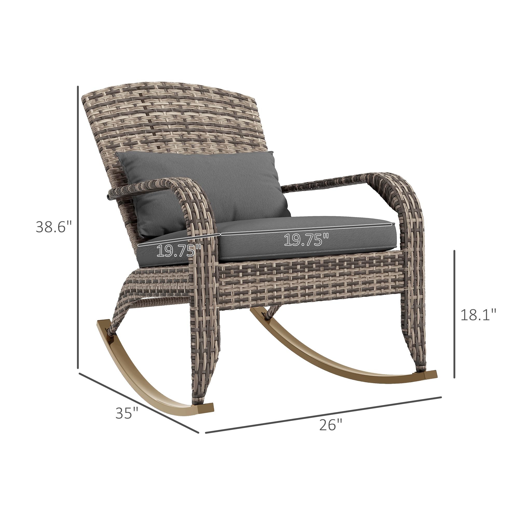 Outsunny Outdoor Wicker Adirondack Rocking Chair, Patio Rattan Rocker Chair with High Back, Seat Cushion, and Pillow for Garden, Porch, Balcony, Gray