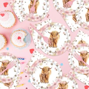 96 Pcs Boho Highland Cow Party Supplies for Girl Holy Cow Highland Baby Shower Plates and Napkins Party Supplies Bohemian Pink Floral Pampa Grass Highland Birthday Party Decorations Serves 24