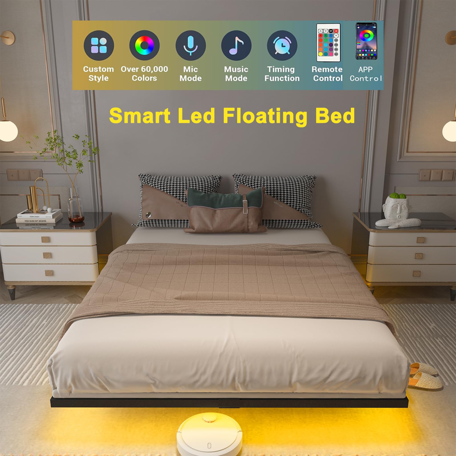 SAVOLIFE Floating Bed Frame Queen Size with LED Light, Metal Platform Bed Frame, No Box Spring Needed, Easy Assembly