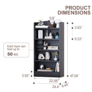 LERIJN 5 Tier Bookshelf for Bedroom, 47"" Wood Tall Bookcases and Bookshelves. Floor Standing Book Shelf Display Storage Shelves for Bedroom Library Living Room Home Office, Black