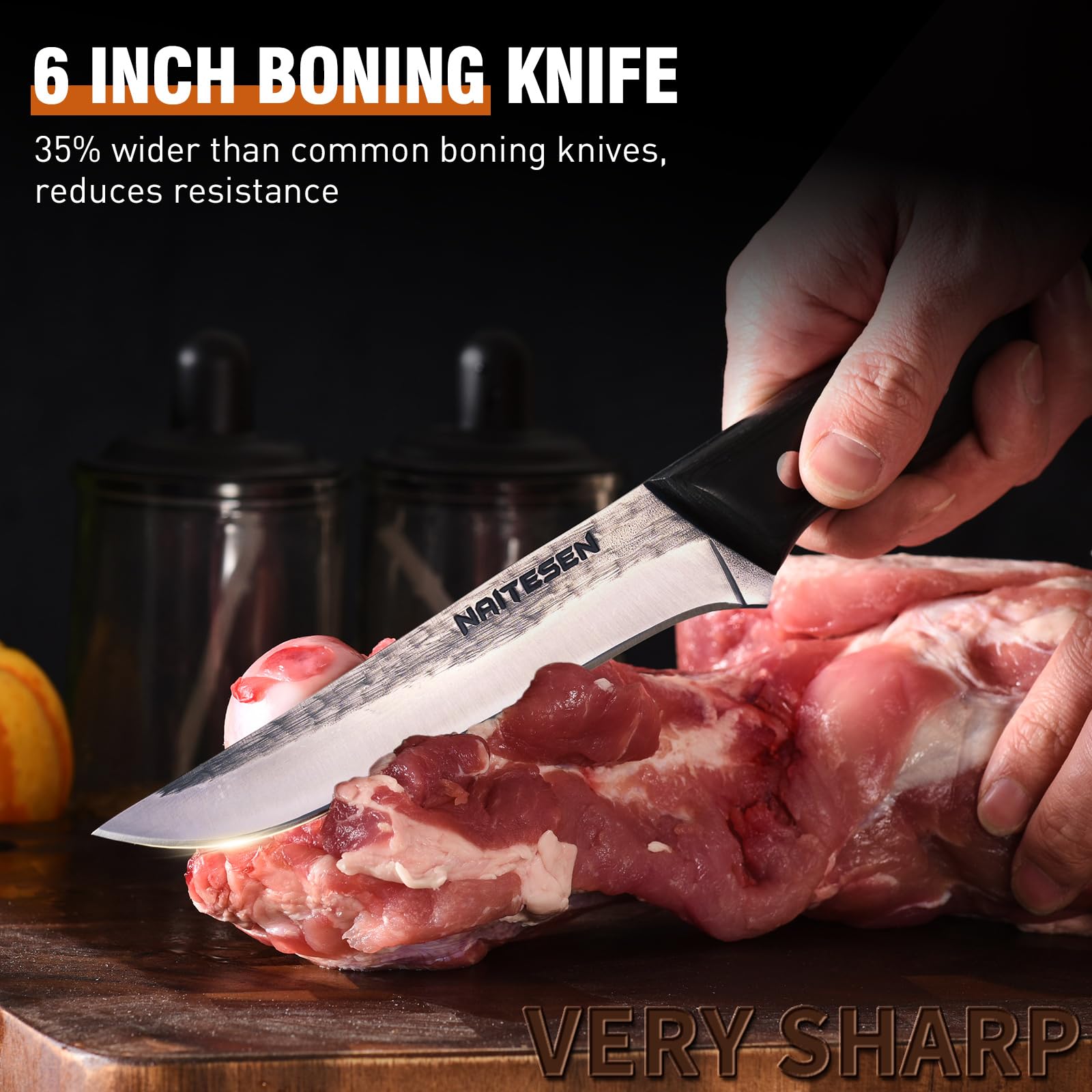 Naitesen 3PCS Kitchen Chef Knife Set Very Sharp Hand Forged Chef Knife Boning Knife Fork Set for Meat CuttingHigh Carbon Steel Kitchen knives with for BBQ, Turkey, Ham, Meat, Brisket