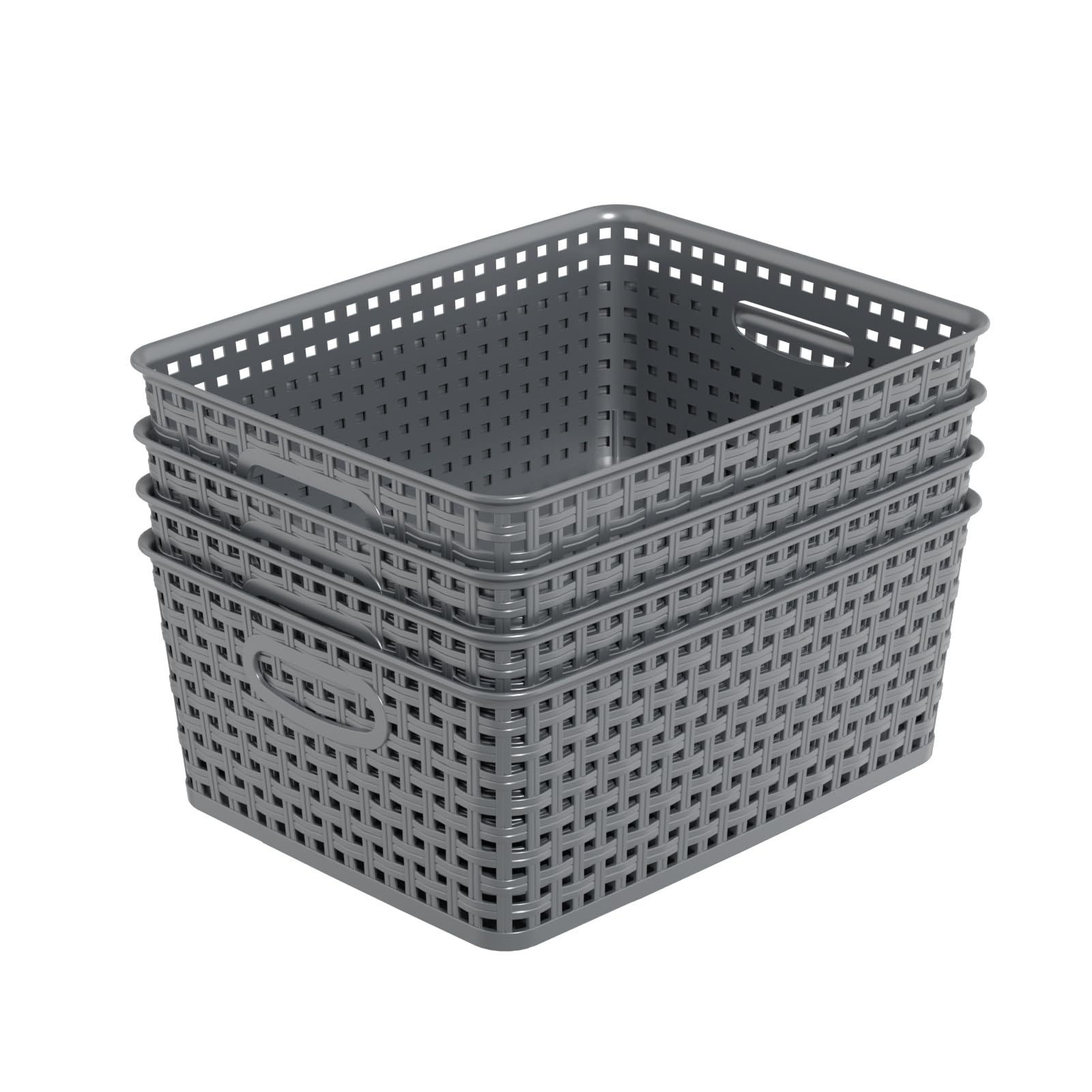 Kekow 4-Pack Gray Plastic Storage Basket, Pantry Woven Plastic Storage Basket