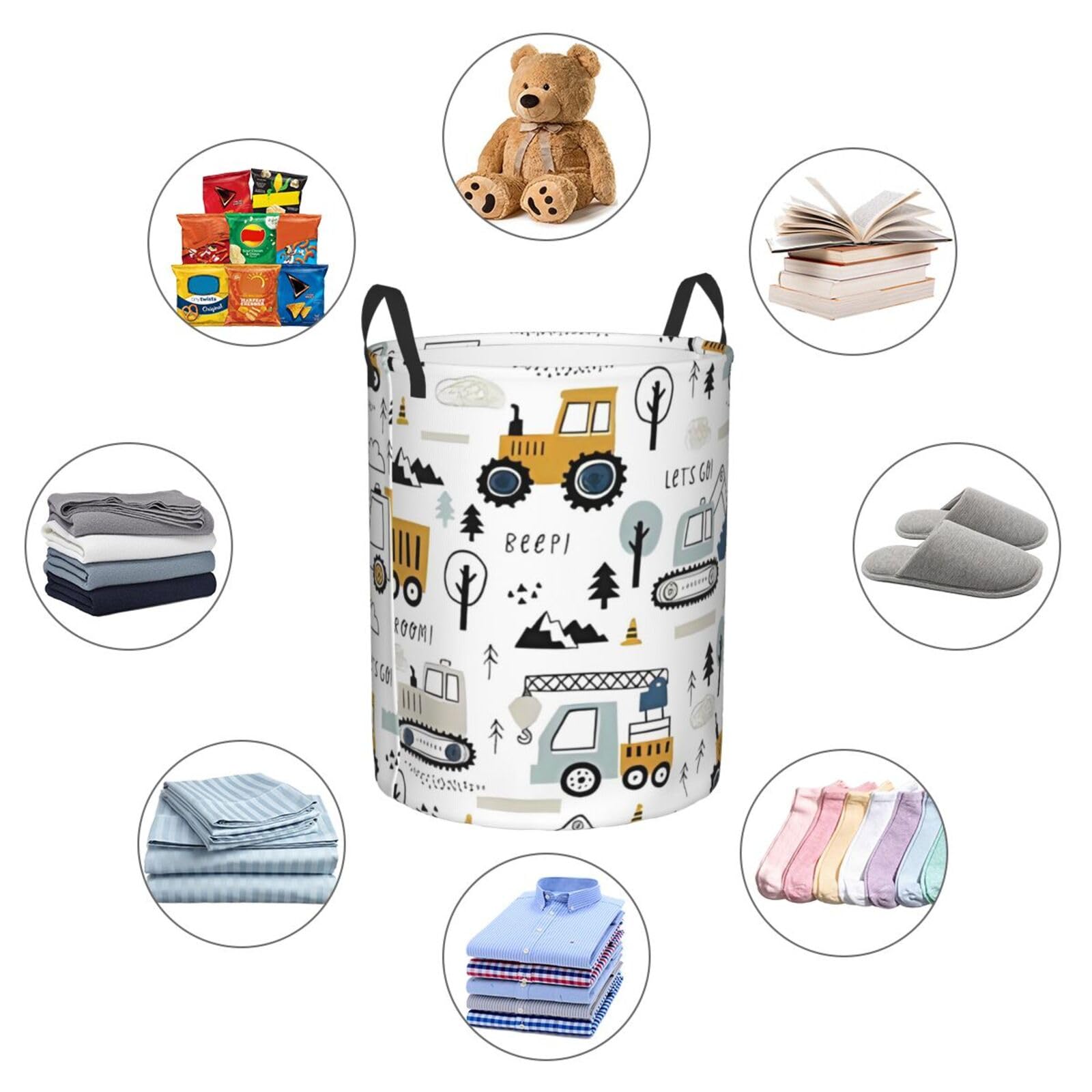 Lets Go Construction Vehicle Excavator Tractors Laundry Hamper with Durable Handle Waterproof Collapsible Laundry Basket Circular Dirty Clothes Storage Basket for Bathroom Bedroom College Dorm