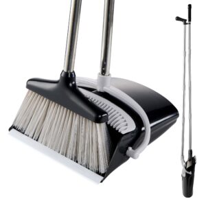 broom and dustpan set lightweight upright lobby broom and dust pan combo with long handle outdoor indoor for home kitchen room office (gray and black)