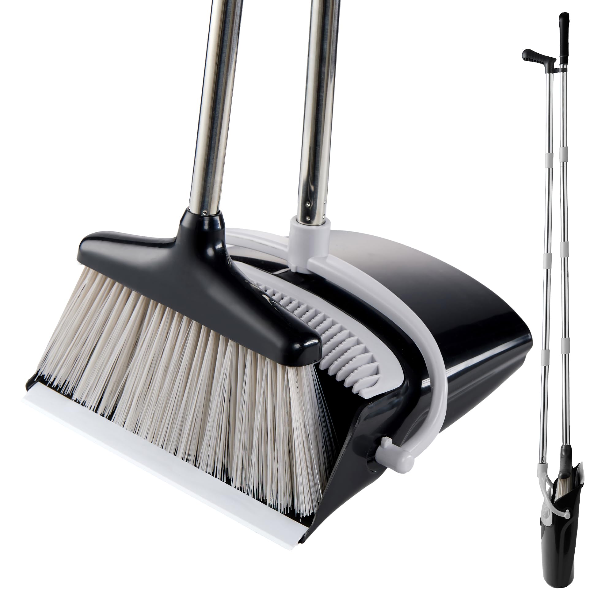 Broom and Dustpan Set Lightweight Upright Lobby Broom and Dust Pan Combo with Long Handle Outdoor Indoor for Home Kitchen Room Office (Gray and Black)