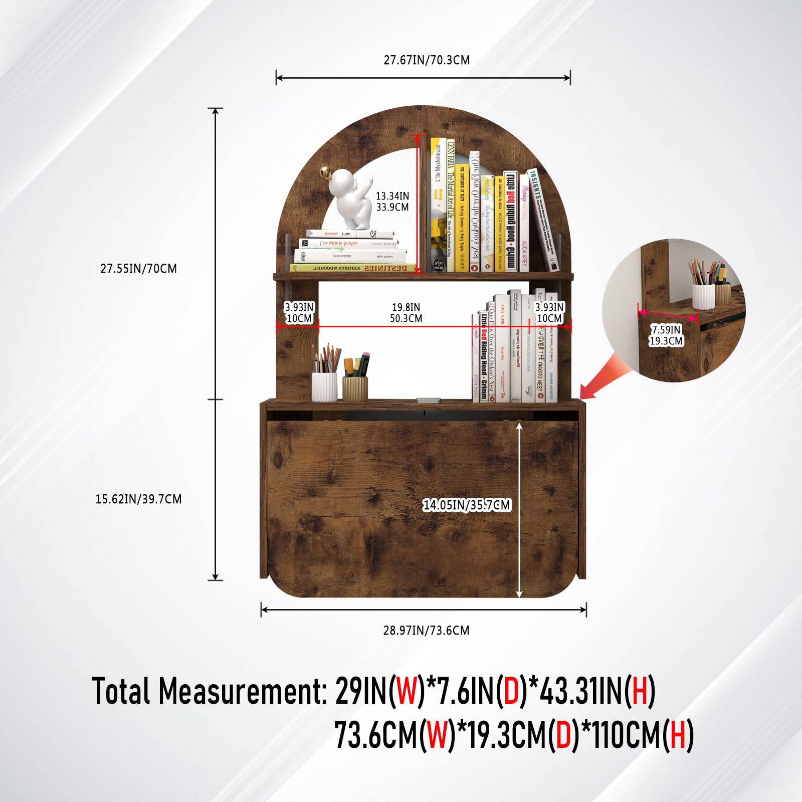 Bixiaomei Wall Mounted Drop-Leaf Table, Floating Laptop Desk, Folding Table with Shelves, Multifunctional Computer Workstation Storage Compartments in Home Office for Space Saving (Rustic Brown)