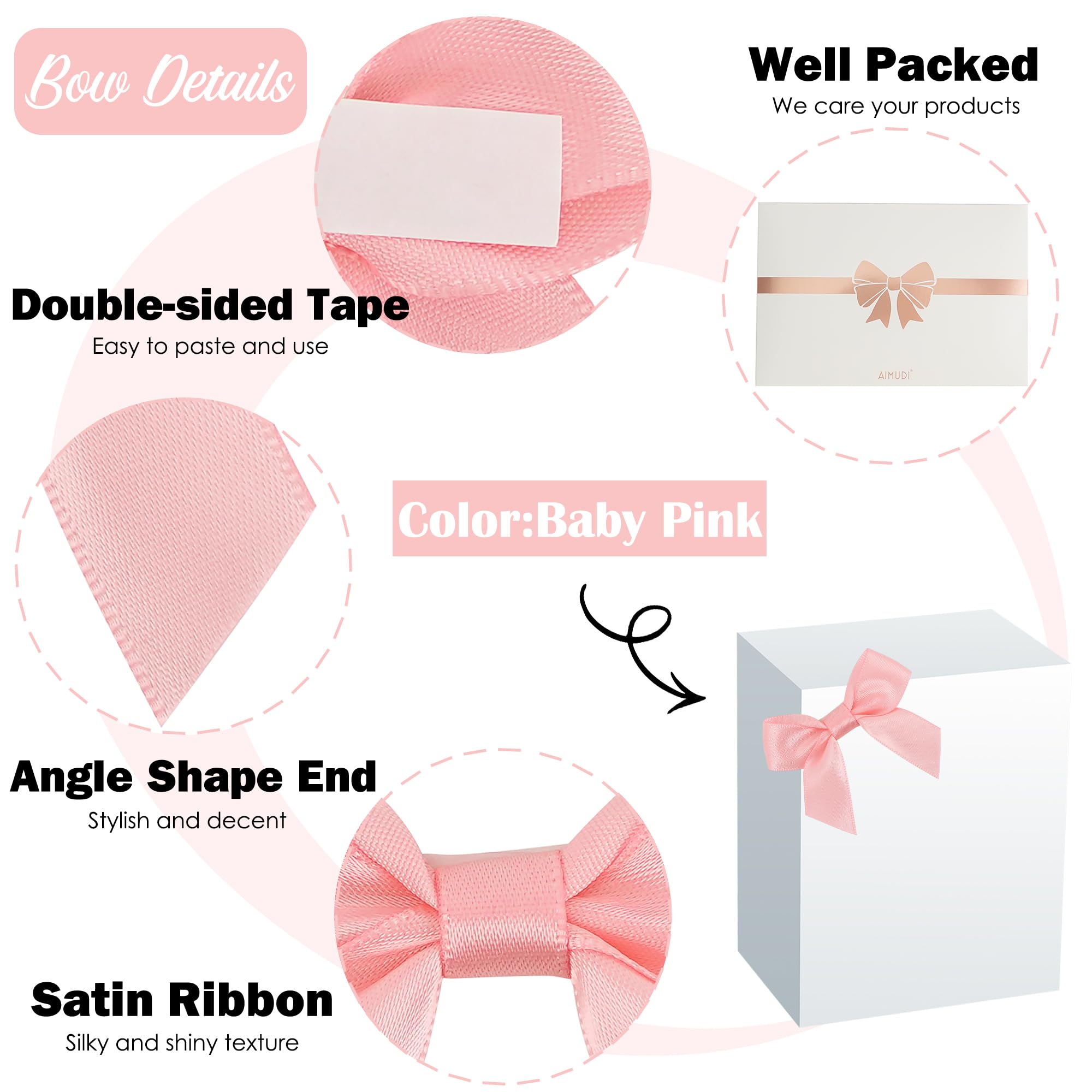 AIMUDI Baby Pink Satin Ribbon Bows 2" Self Adhesive Satin Bows for Gift Wrapping Premade Ribbon Bows with Double-Sided Tape for Making Crafts Baby Shower Birthday Party Wedding Decorations, 50 PCs