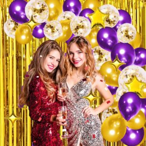 Purple Gold Balloon Garland Arch, 124PCS Purple and Gold Balloons Gold Star Balloons Purple Tinsel Foil Fringe Curtain for Purple Birthday Wedding Anniversary Graduation Party Decorations Purple Gold