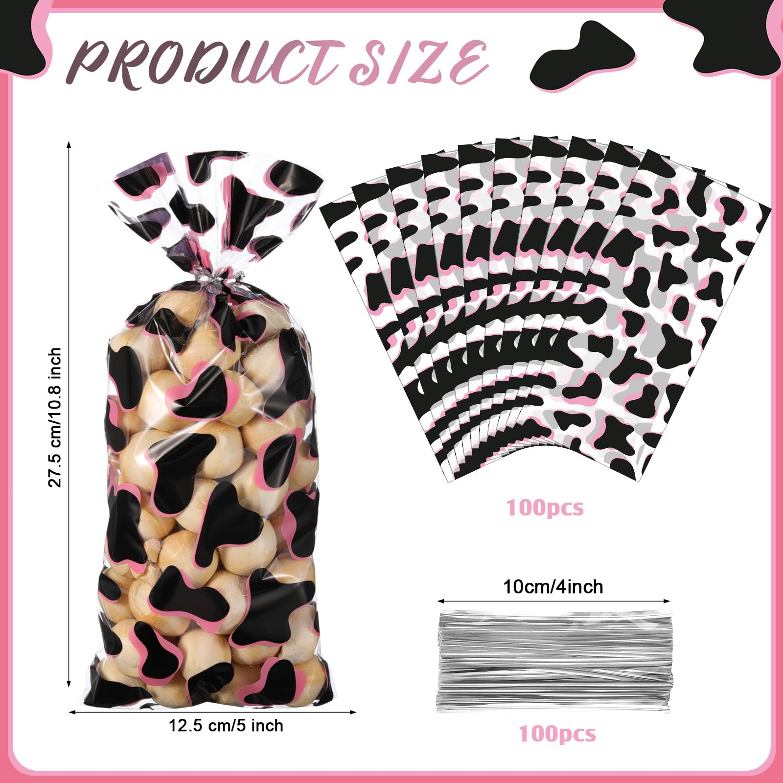 Pasimy 100 Pcs Pink Cow Print Gift Bags Pink and Black Goodie Bags Cowgirl Cellophane Treat Bags Farm Animal Plastic Candy Bags with 100 Twist Ties for Cow Baby Shower Birthday Party Supplies Favors