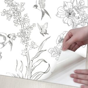 HomKihapai Vintage Wallpaper- Black and White Wallpaper Floral Peel and Stick Wallpaper Modern Bird Wallpaper for Bathroom Waterproof Contact Paper (Black and White, 118"X17.4")