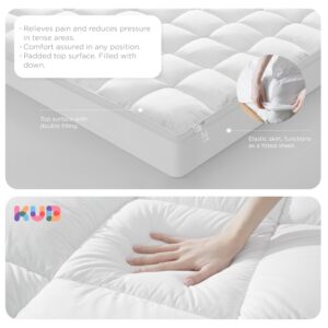 KUB Cotton Mattress Topper, Queen, Cooling Cotton Pillow Top with 8-21 Inch Deep Pocket, 3D Snow Down Alternative Fill, Breathable Fluffy Mattress Pad Cover (White, Queen 80 * 60inch)