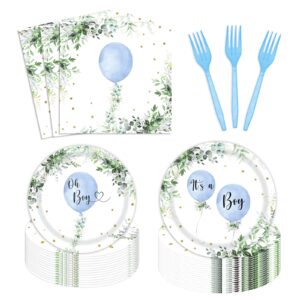 96 pcs oh boy watercolor blue balloon party decorations supplies greenery boy baby shower party tableware set botanical eucalyptus baby shower party plates napkins forks for 24 guests