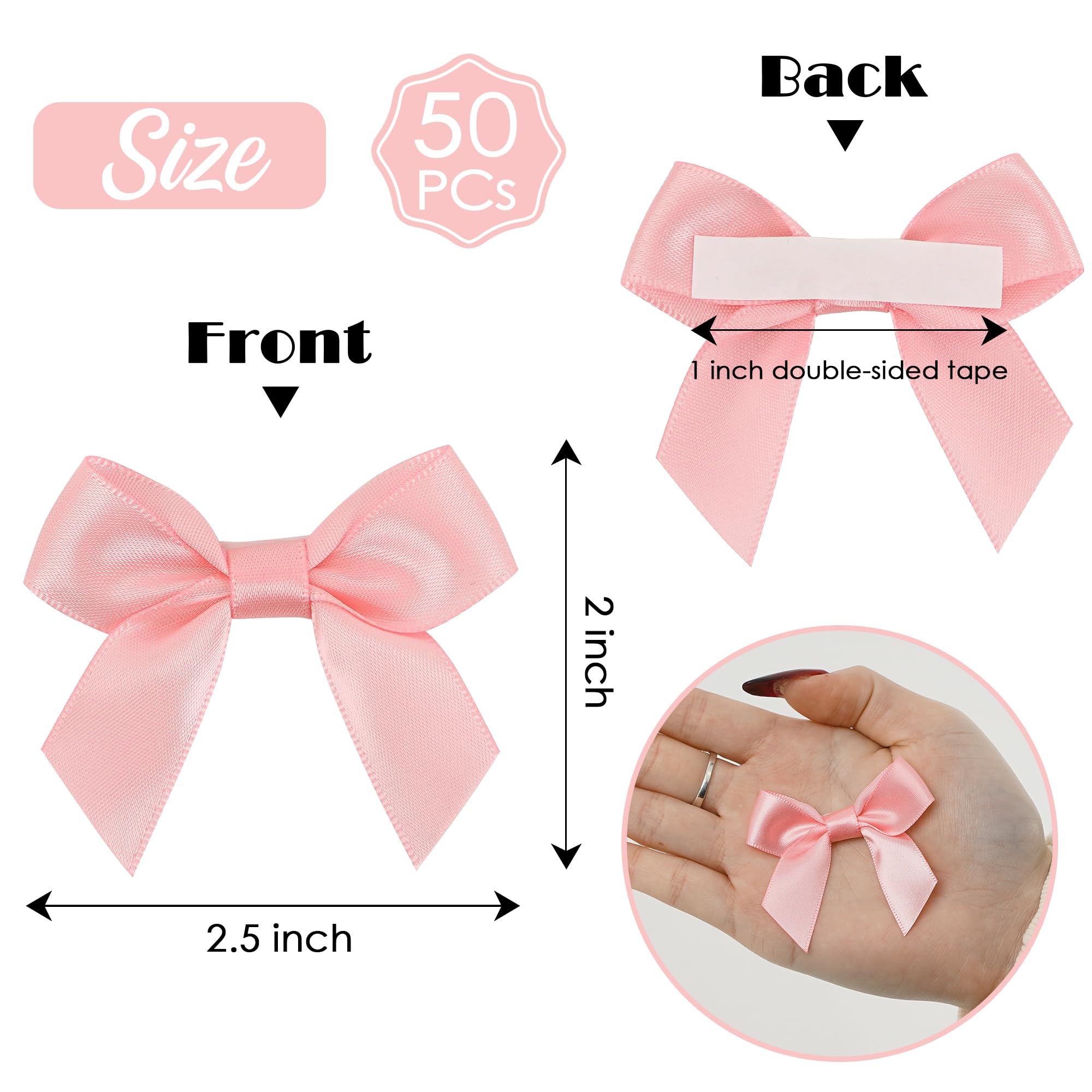 AIMUDI Baby Pink Satin Ribbon Bows 2" Self Adhesive Satin Bows for Gift Wrapping Premade Ribbon Bows with Double-Sided Tape for Making Crafts Baby Shower Birthday Party Wedding Decorations, 50 PCs