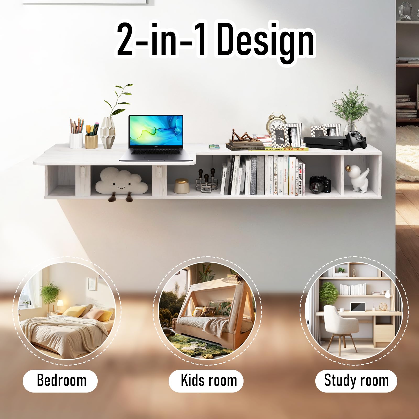 Pmnianhua 63'' Floating Desk with Storage Shelves,Wall Mounted Desk Laptop Computer Writing Study Table for Bedroom Small Space(White)