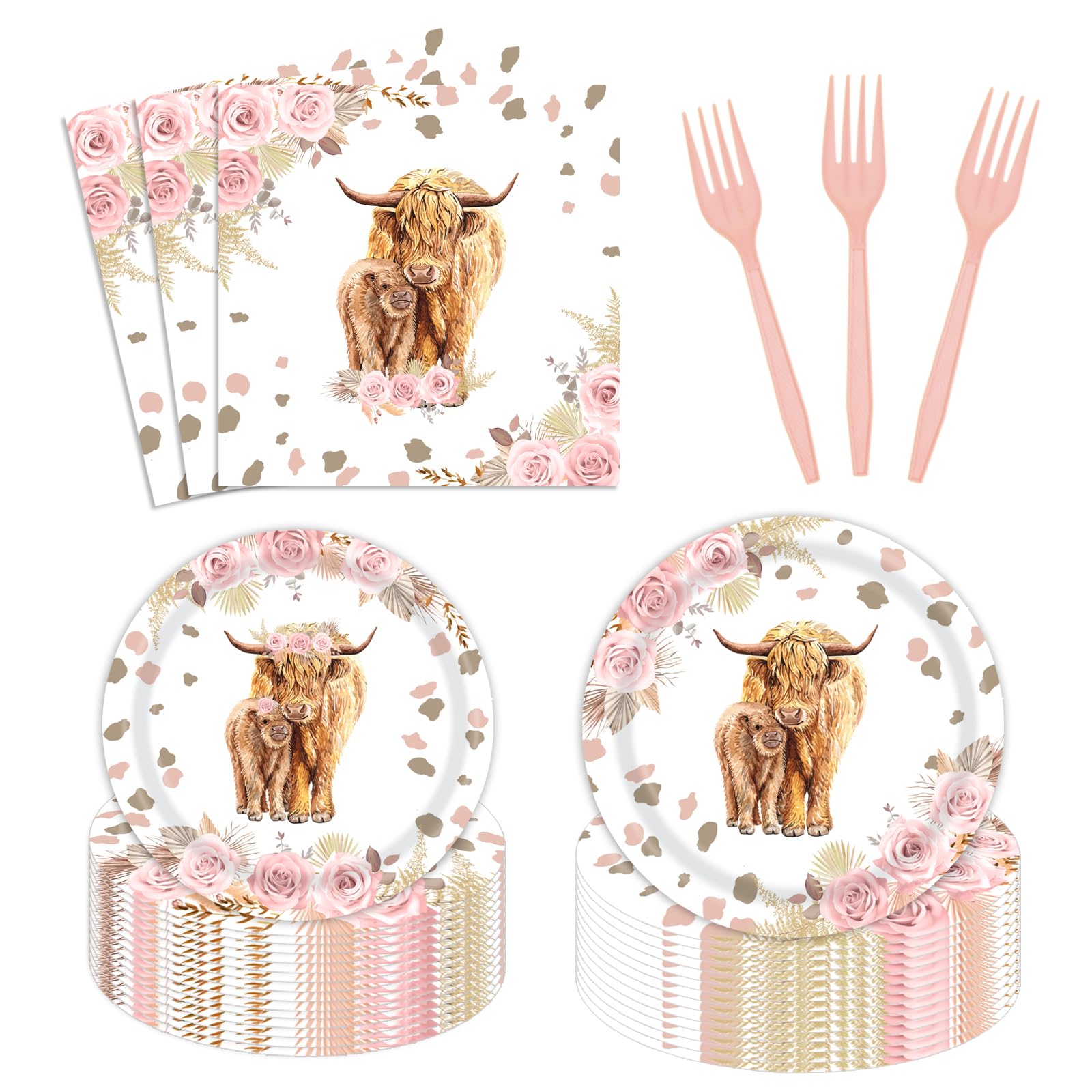 96 Pcs Boho Highland Cow Party Supplies for Girl Holy Cow Highland Baby Shower Plates and Napkins Party Supplies Bohemian Pink Floral Pampa Grass Highland Birthday Party Decorations Serves 24