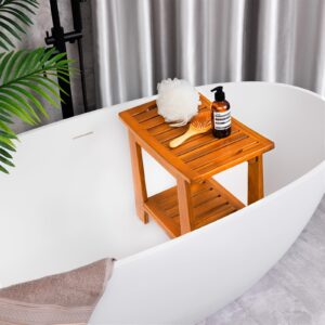 Teak Shower Bench Seat with Handle 14 Inch/Teak Wood Shower Stool with Shelf/Wooden Bathroom Spa Bathing Stool/Waterproof Teak Shower Stool/Indoor and Outdoor Use,Patented Design.