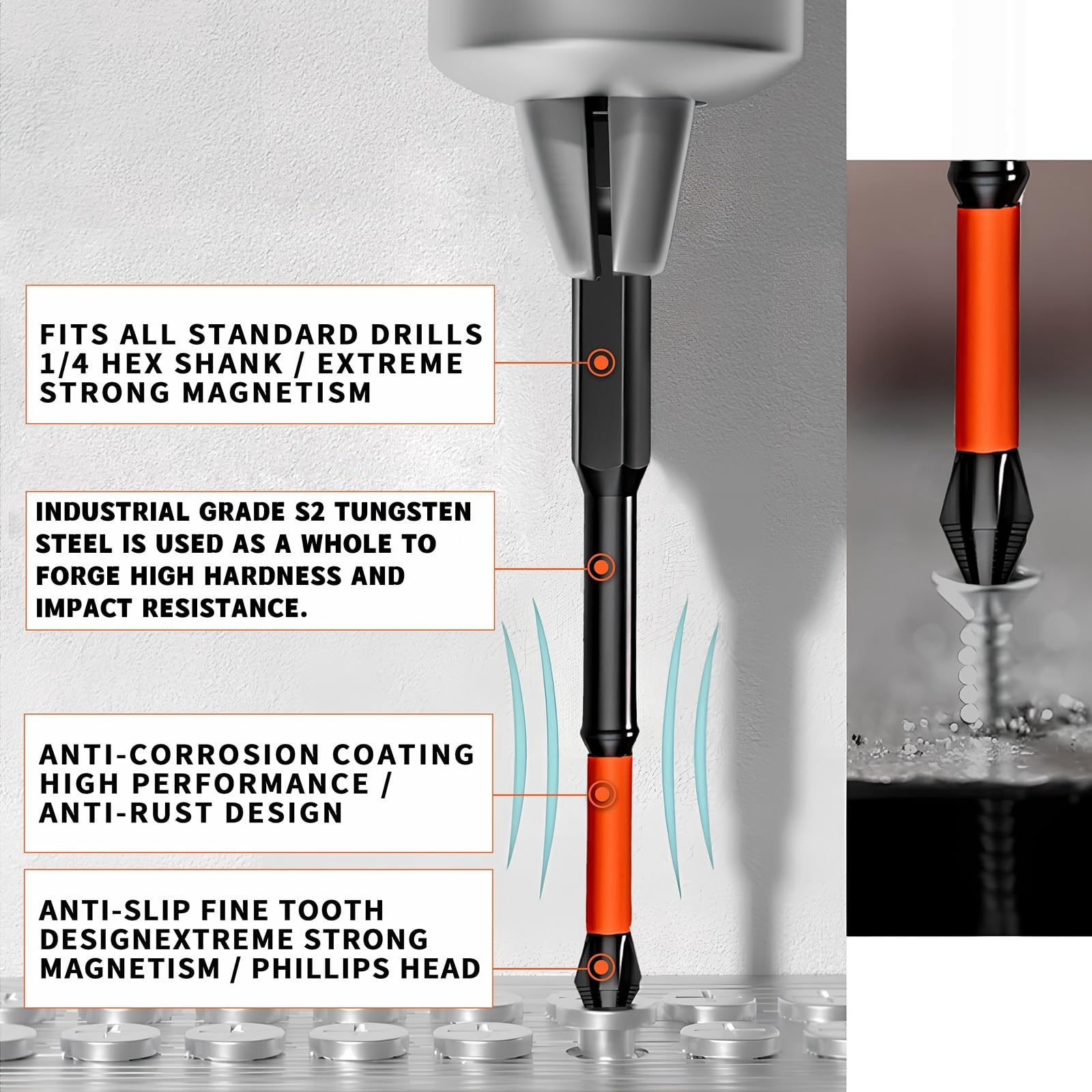 22Pcs Screwdriver Bit Set, D1 Magnetic Anti-Slip High Hardness Impact Resistance Bits 11Pcs +Right Angle Drill Attachment 105° 1Pcs +Short Screwdriver Bits 10Pcs, Used for Electric Hand Tool