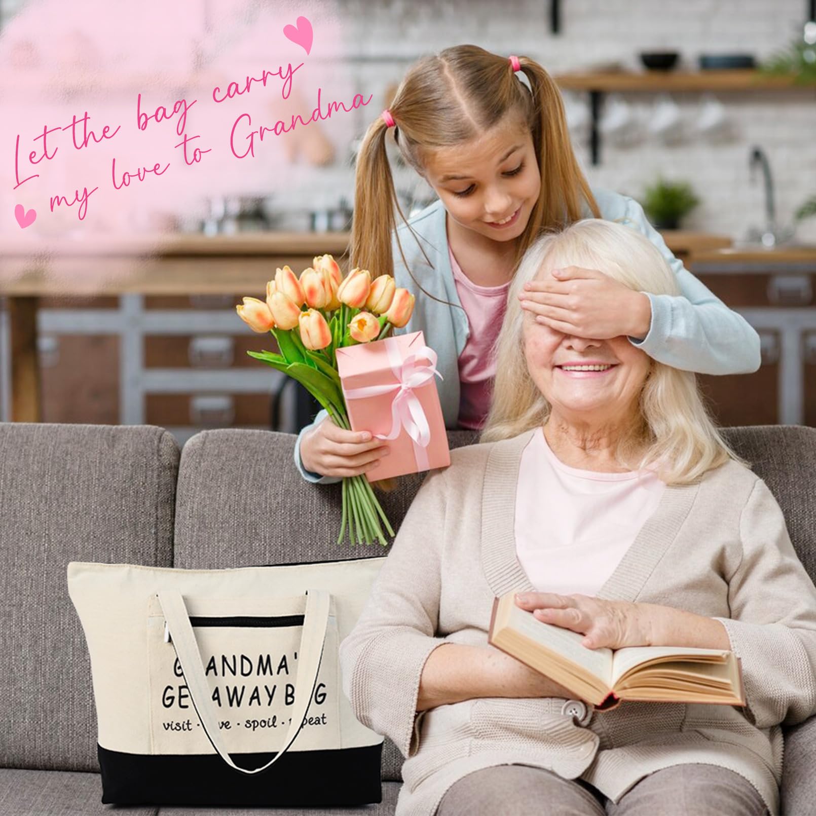 KUIRAN Grandma Gifts, Tote Bag Grandma Birthday Gifts, Mothers Day Gifts for Grandma, Christmas Gifts for Grandma, Canvas Tote Bag for Shopping, Travel - Gifts for Grandma from Grandkids