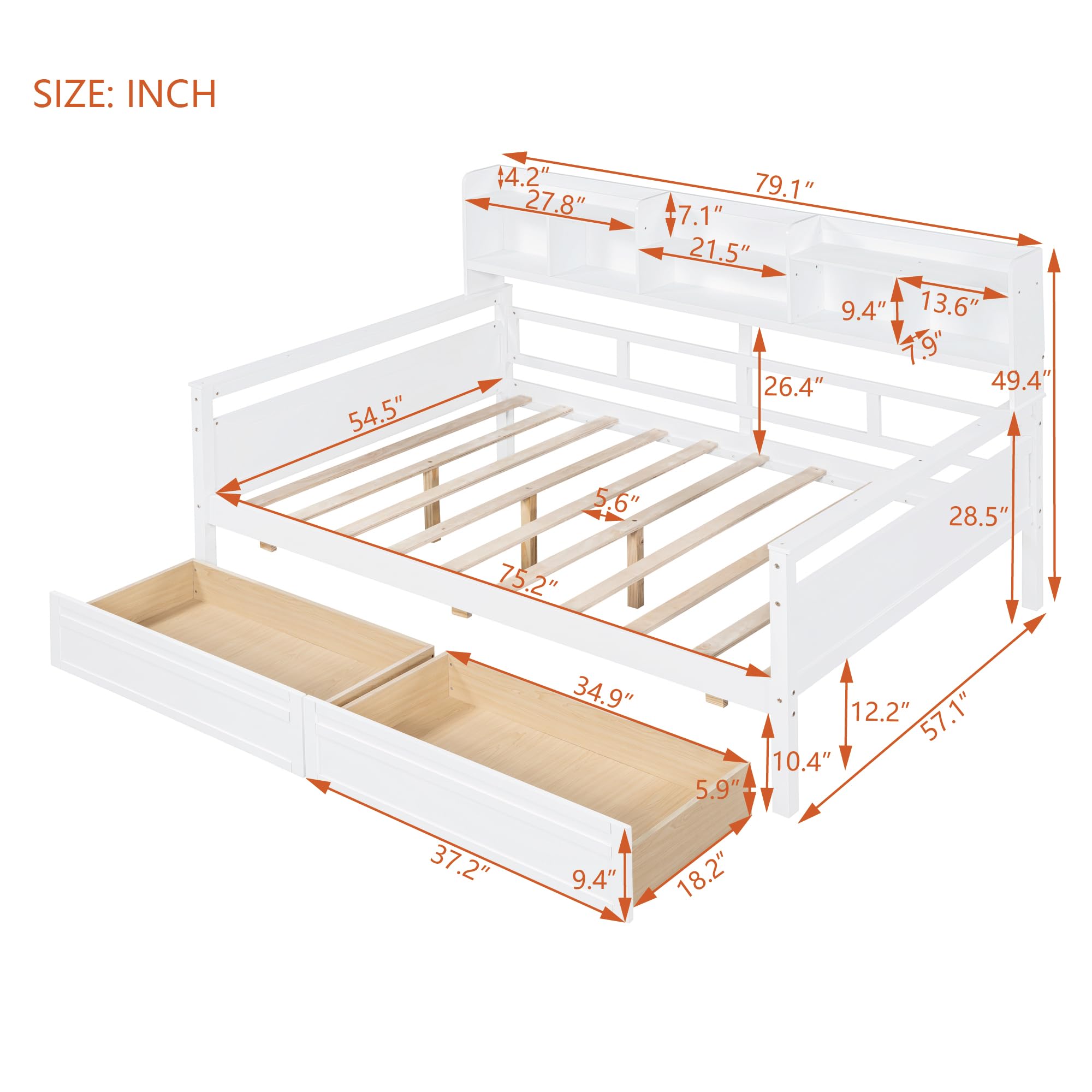 Harper & Bright Designs Full Daybed with Storage, Wooden Full Size Bed Frame with Bookcase Headboard and 2 Drawers, Full Sofa Bed with Shelves for Living Room Bedroom, No Box Spring Need, White