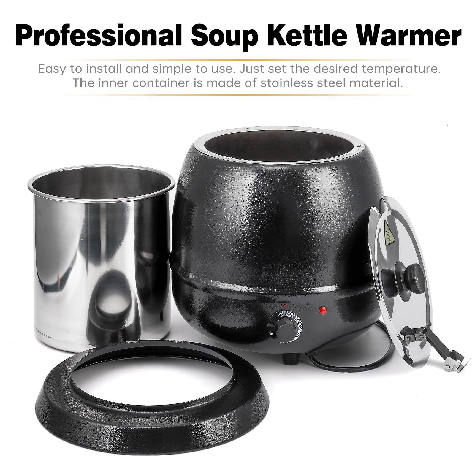 GARVEE 10.5Qts Soup Warmer Commercial Stainless Steel Insert Pot Electric [Black] Soup Kettle Warmer Temperature Control Knob for Big Family Gathering and Restaurant