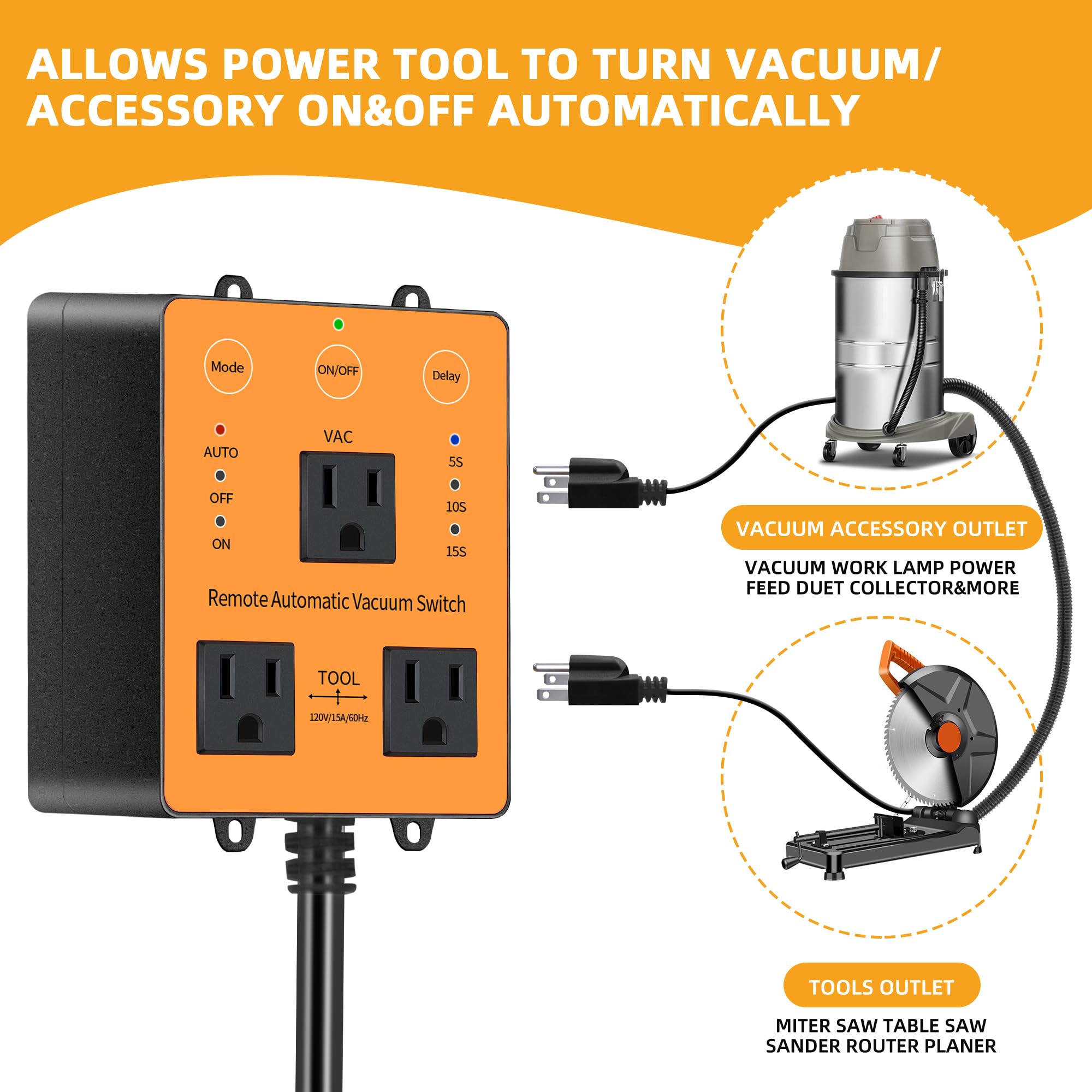 Automatic Vacuum switches for More Power Tools MIAOLINK AC 120V Automatic switches for dust Control, Delayed Vacuum switches, Circuit Overload and Trip Protection, Added Remote Control Function