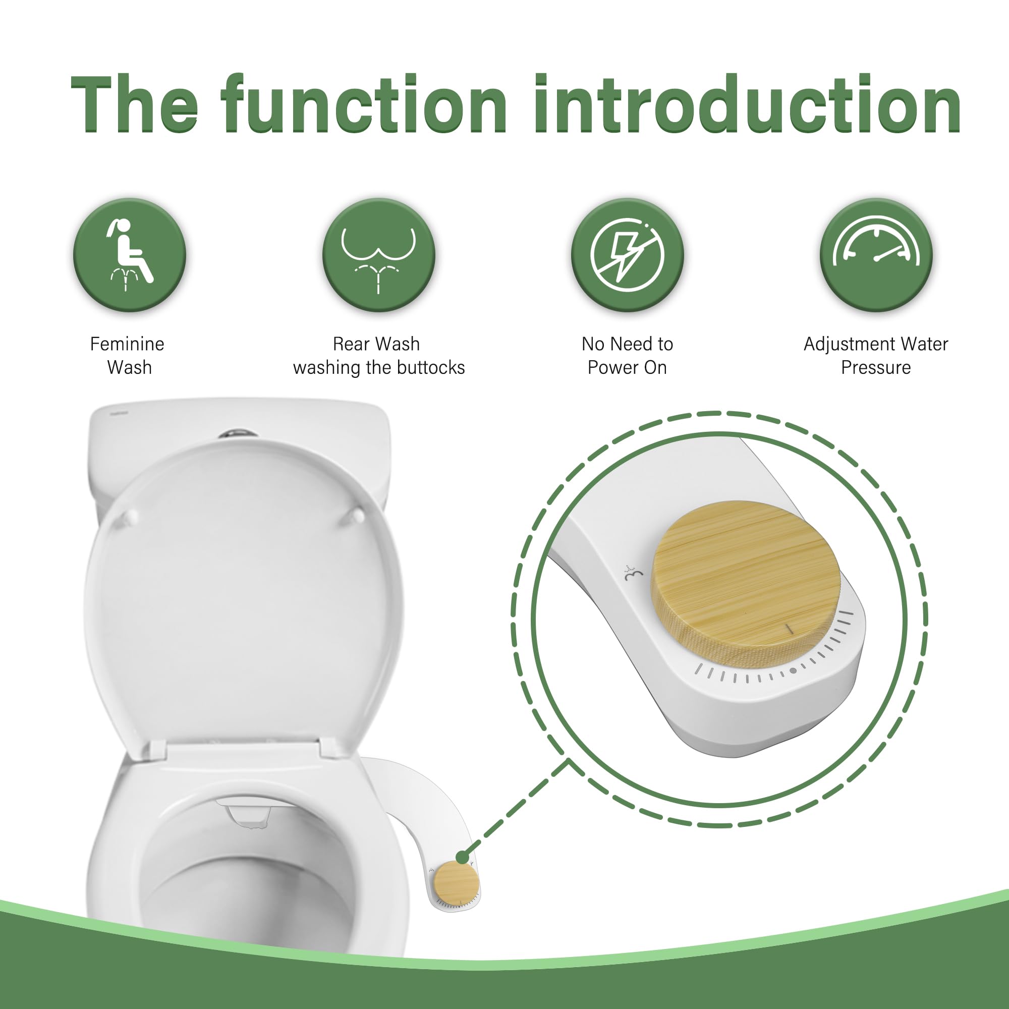 Jecatiy Left Hand Bidet, Non-Electric Bidet Attachment for Toilet Seat, Adjustable Water Pressure, Rear and Feminine Wash