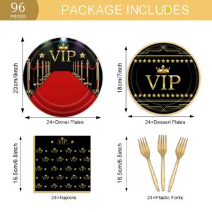 96Pcs VIP Party Supplies Disposable Red Carpet Event Plates and Napkins Fork Tableware Set Cine Film Show Celebrity Activity Graduation Prom Birthday Party Decorations Serves 24 Guests