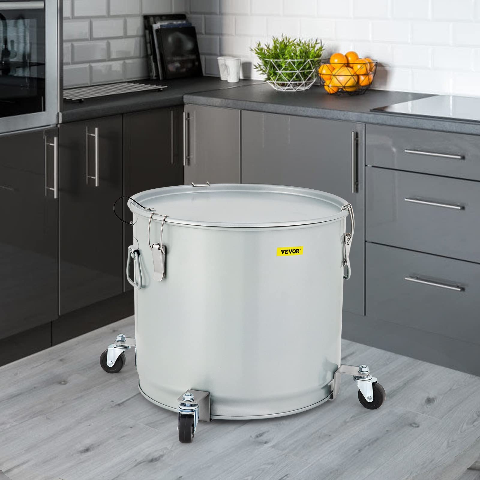 VEVOR Fryer Grease Bucket 11 Gal, Coated Carbon Steel Oil Filter Pot 40L with Caster Base, Oil Disposal Caddy with 82 LBS Capacity, Transport Container with Lid Lock Clip Nylon Filter Bag Silver