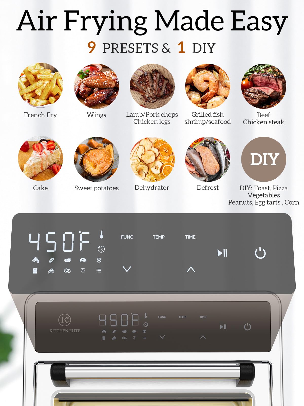 Air Fryer Toaster Oven Combo,10-in-1 12.6QT Compact Countertop Oven,9 Touch Screen Presets & 1 DIY Function,Easy Digital Controls,4 Accessories Included,Stainless Steel,Kitchen Elite