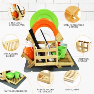 YZHDUXIU Bamboo Dish Drying Rack with Utensil Holder, 3 Tier Collapsible Dish Rack, Large Dish Racks for Kitchen Counter, Wooden Folding Dish Drainer with Dish Drying Mat (3 Tier (with Drying Mat))