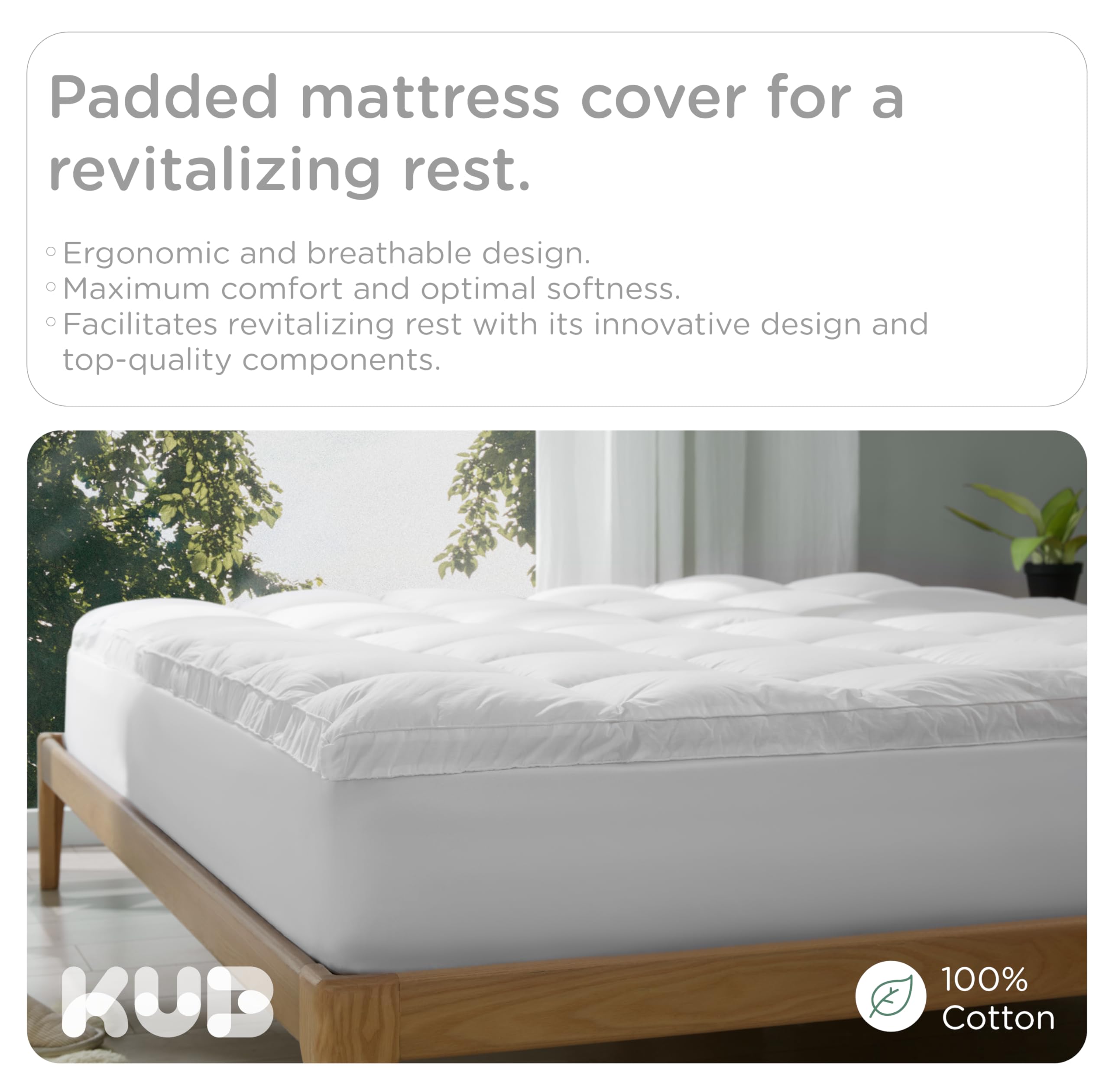 KUB Cotton Mattress Topper, Queen, Cooling Cotton Pillow Top with 8-21 Inch Deep Pocket, 3D Snow Down Alternative Fill, Breathable Fluffy Mattress Pad Cover (White, Queen 80 * 60inch)