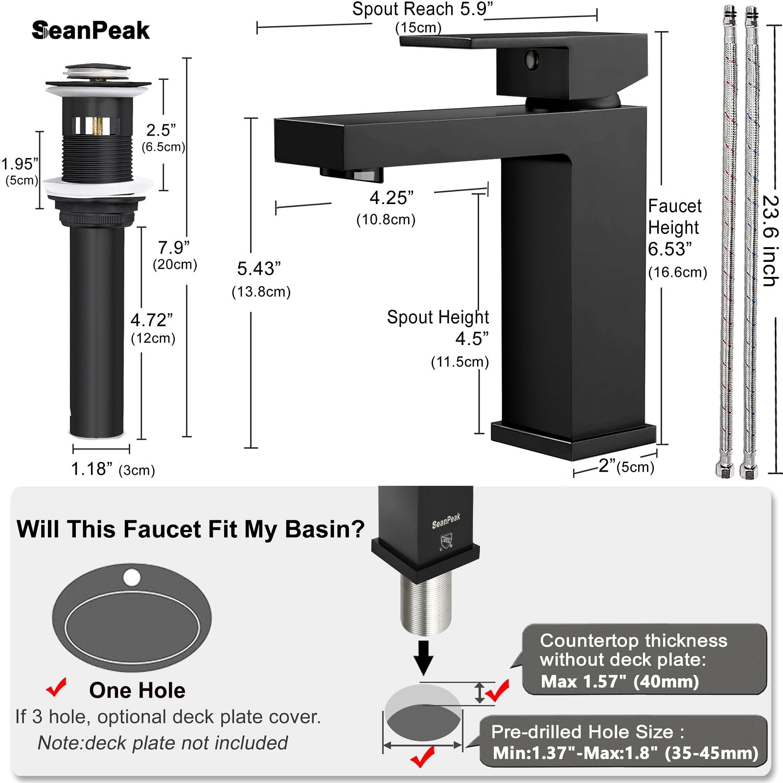 SeanPeak Matte Black Bathroom Faucet, Solid Brass Bathroom Sink Faucet, Lead-Free Single Handle Vanity Faucet with Water Supply Hoses & Pop Up Drain Stopper