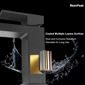 SeanPeak Matte Black Bathroom Faucet, Solid Brass Bathroom Sink Faucet, Lead-Free Single Handle Vanity Faucet with Water Supply Hoses & Pop Up Drain Stopper