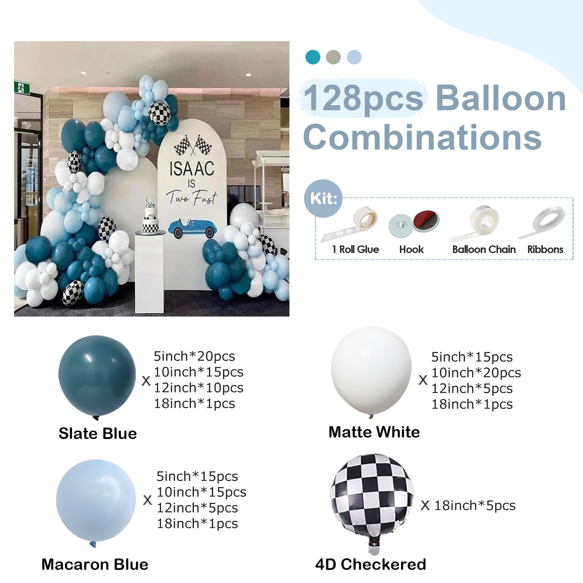 Shivnsotpa 128pcs Race Car Balloons Arch Garland Kit,Slate Blue Matte Latex Balloons with Foil Blloons for Racing Car Birthday Baby Shower Racing car Party Games Celebration Supplies