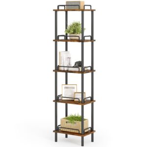 Gewudraw 5-Tier Tall Bookshelf, Narrow Bookcase with guardrail, Freestanding Storage Stand Display Rack for Living Room, Bedroom, Home Office, 11 x 14 x 59 Inches, Rustic Brown and Black