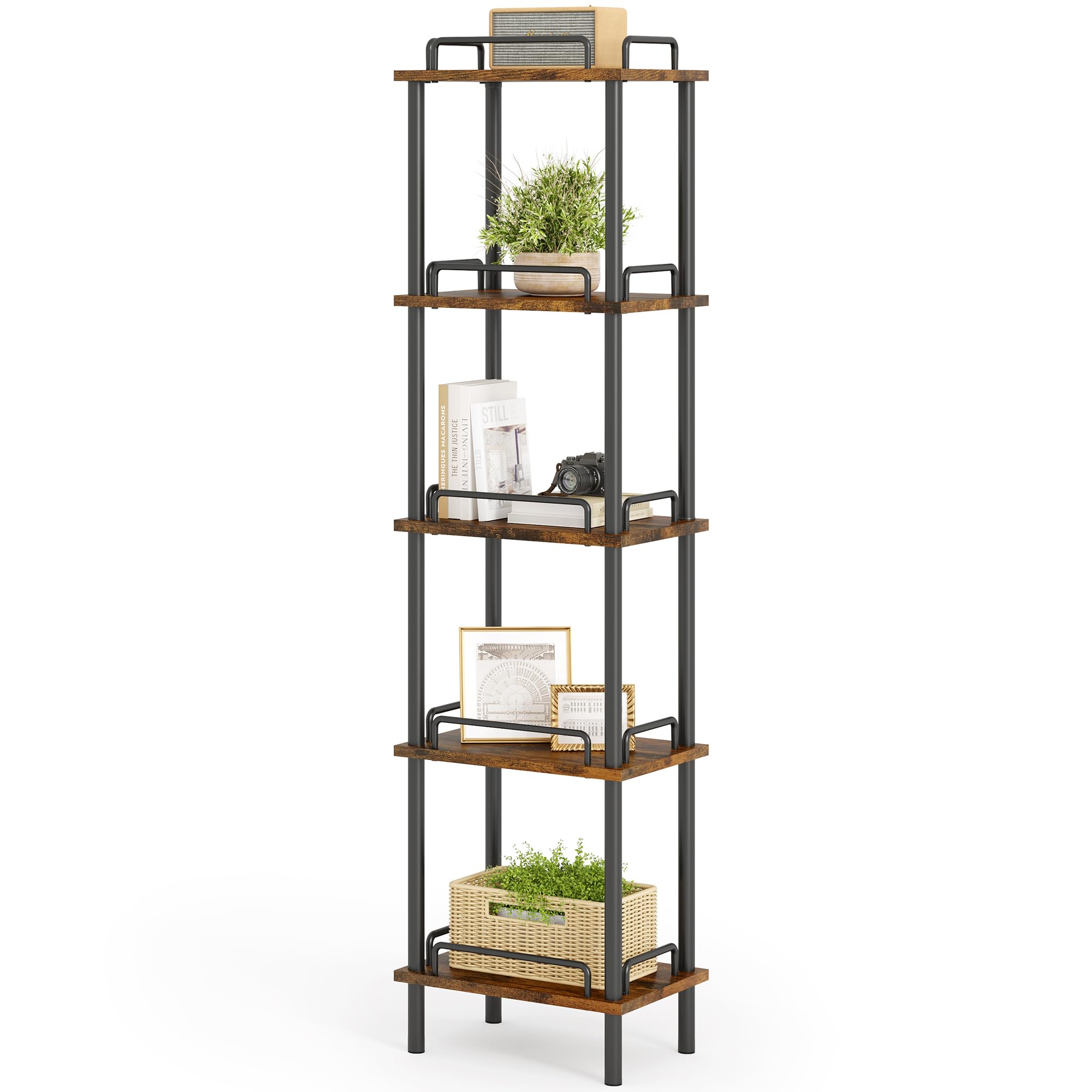 Gewudraw 5-Tier Tall Bookshelf, Narrow Bookcase with guardrail, Freestanding Storage Stand Display Rack for Living Room, Bedroom, Home Office, 11 x 14 x 59 Inches, Rustic Brown and Black