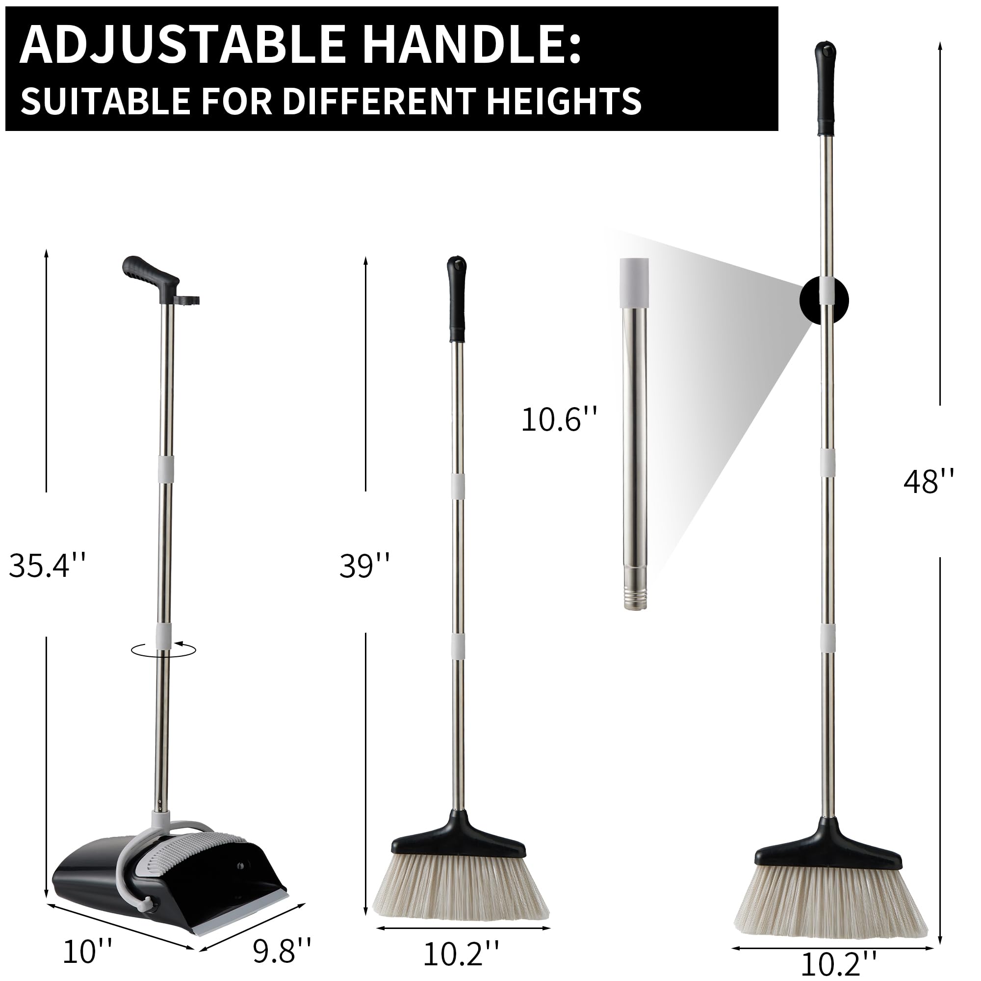 Broom and Dustpan Set Lightweight Upright Lobby Broom and Dust Pan Combo with Long Handle Outdoor Indoor for Home Kitchen Room Office (Gray and Black)