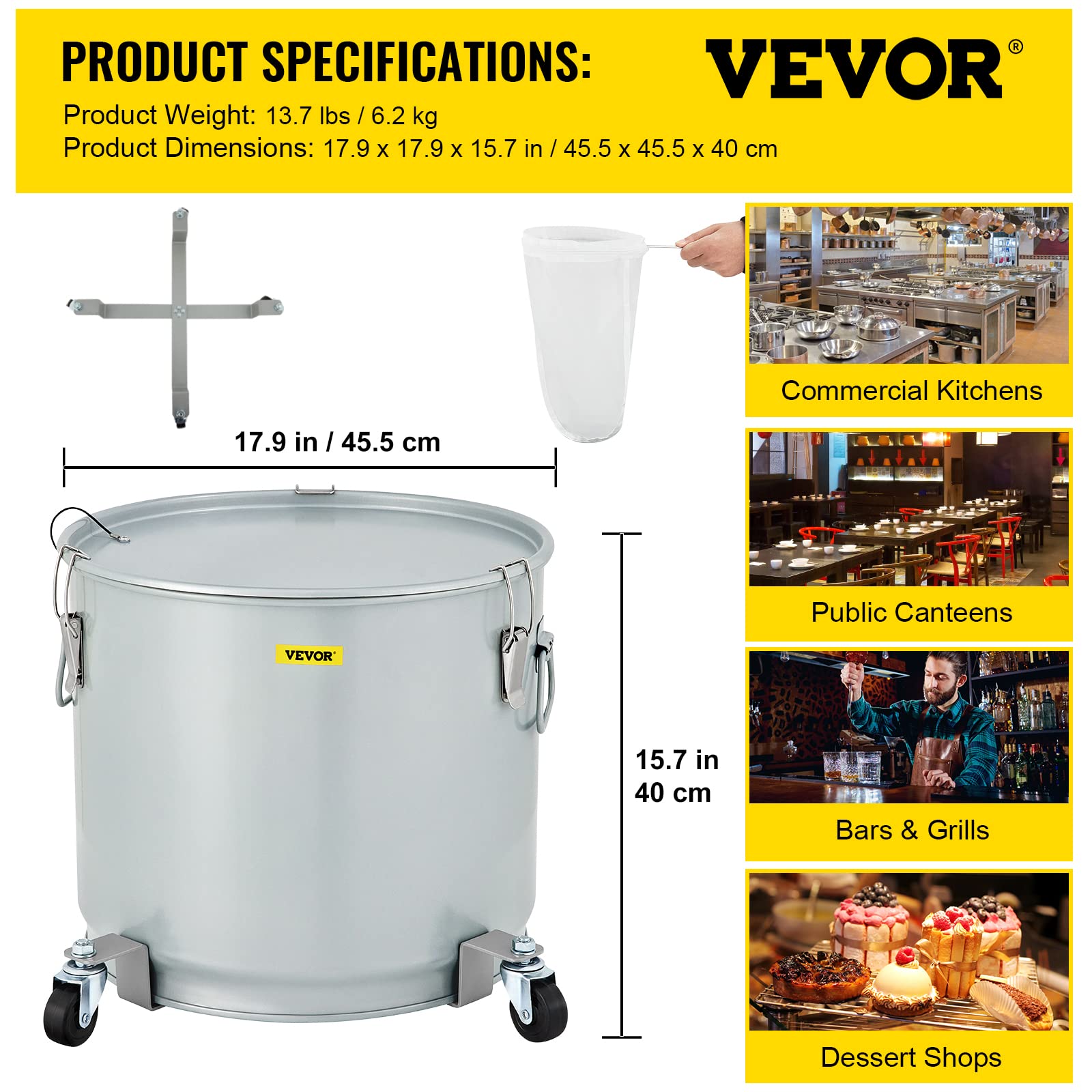 VEVOR Fryer Grease Bucket 11 Gal, Coated Carbon Steel Oil Filter Pot 40L with Caster Base, Oil Disposal Caddy with 82 LBS Capacity, Transport Container with Lid Lock Clip Nylon Filter Bag Silver