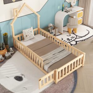 Twin Floor Bed with Rails and House-Shaped Headboard Kids Bed Frame with Fence and Doors Twin Size Wood Montessori Floor Bed for Baby Girls Boys, Natural