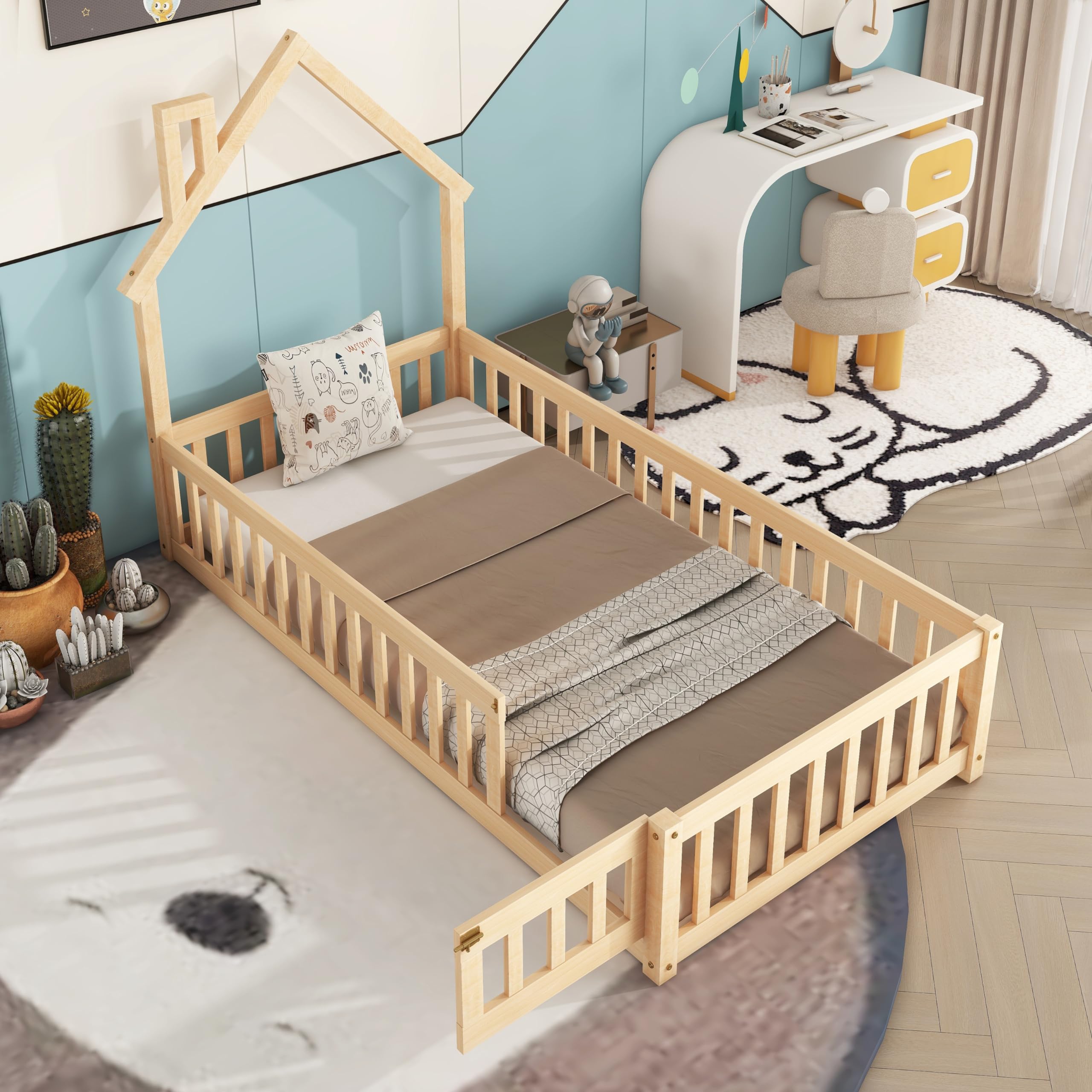 Twin Floor Bed with Rails and House-Shaped Headboard Kids Bed Frame with Fence and Doors Twin Size Wood Montessori Floor Bed for Baby Girls Boys, Natural